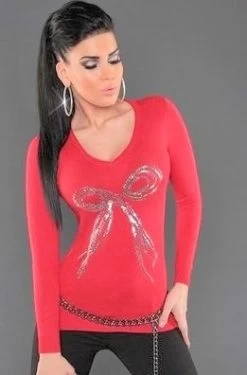 Koraalkleurige Trui Met Pailletten Strik