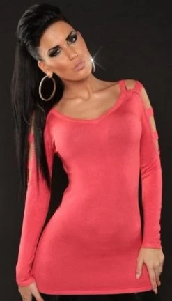 Trui Koraal Strass Openschouders -Progress Winkel in style fashion trui met strass koraal 2