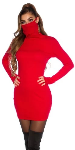 ROOD RIB JURKJE MET INGEBOUWDE MONDKAPJE -Progress Winkel koucla rood rib jurkje met ingebouwde mondmasker 5